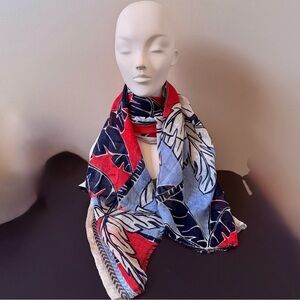 Echo Fringe Leaf Red Blue Scarf Classy Lightweight Wrap NWT